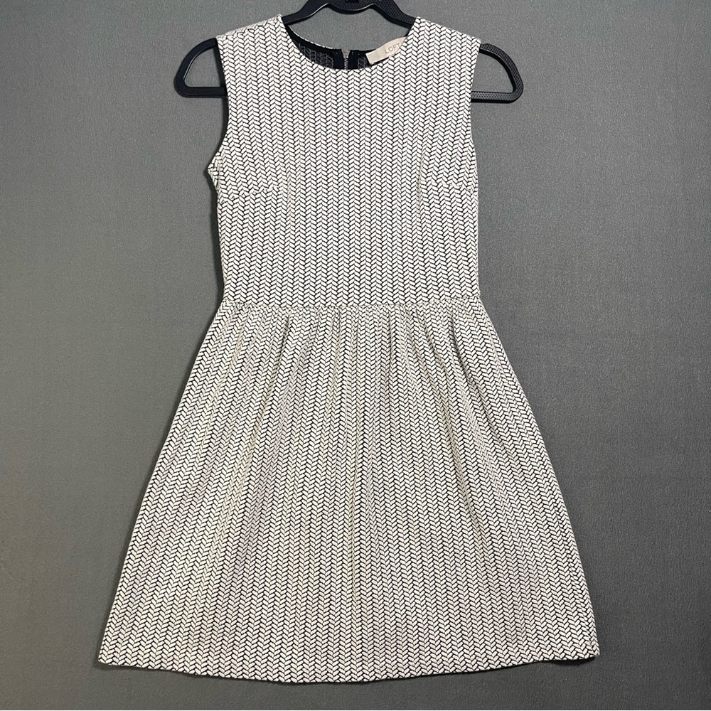 LOFT Petite Fit Flare Dress Black White Textured Sleeveless Mini XS